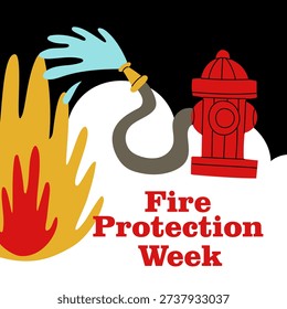 Fire Protection Week square banner with red hydrant and water hose. Flat vector illustration for rescue service social media, professional safety posters or firefighting design projects