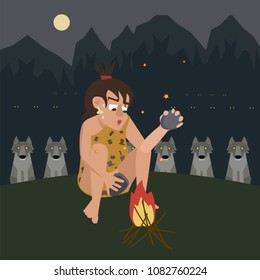 El fuego protege a un hombre de las cavernas del depredador, ilustración de dibujos animados de Vector en estilo plano