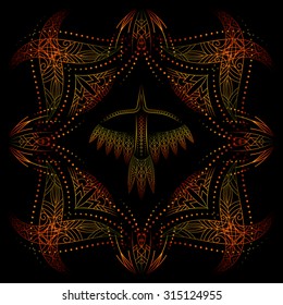 fire psychedelic ornamental frame and decorative fantastic bird, black background, no mesh, only gradient, use opacity mask, vector EPS 10
