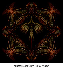 fire psychedelic ornamental frame and decorative fantastic bird phoenix, black background, no mesh, only gradient, use opacity mask, vector EPS 10