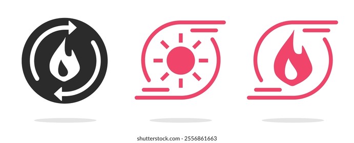 Fire pump hearing flame circulation ui icon simple vector, stove oven warmer boiler flow sign symbol pictogram stroke line art, renewable burn energy power logo, metabolism kcal boost image set