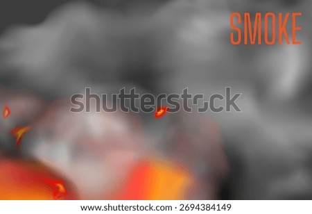 Fire realistic smoke background. Banner backdrop. Blaze with cloud. Flammable burning ignition. Disaster fog smog. Bomb explosion. Ignite fume. Transparent hot bonfire. Vector realistic illustration