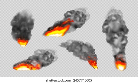 Fire realistic smoke. Fiery blaze. Burn smog effect. Transparent black bonfire. Hot ignite. Light smoke. Explosion cloud. Factory dark trail. Sky fume. Wildfire flame. Vector combustion elements set