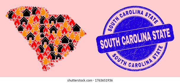 Fire and realty mosaic South Carolina State map and South Carolina State grunge stamp. Vector collage South Carolina State map is done with scattered burning homes.