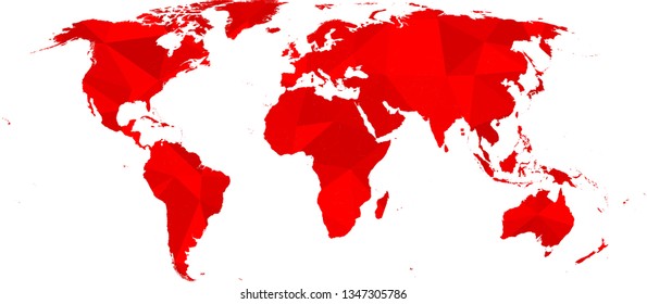 Fire red All World Map in Low Poly Style on isolated white background. Earth  area in Polygonal diamond style for your design.