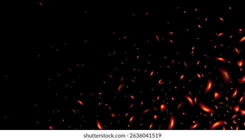 Fire red flying sparks on black background, heat sparkles in the corner, abstract flying flame particles, burning elements Vector illustration.