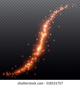 Fire or red glittering star dust trail sparkling particles on transparent background. Magic glittering path. Vector glamour fashion illustration.