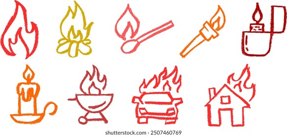 Fire Related Icons Chalk Crayon Drawing