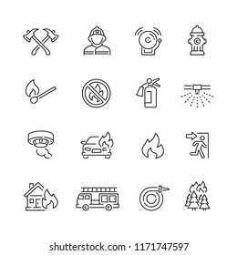 Fire related icons: thin vector icon set, black and white kit
