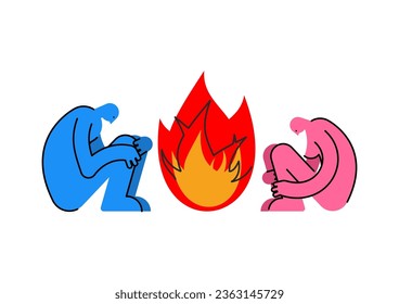 Fire in relationships icon sign. Lovers' quarrel symbol. Two people are sitting with their faces turned away. Pain and disappointment in a partner. 