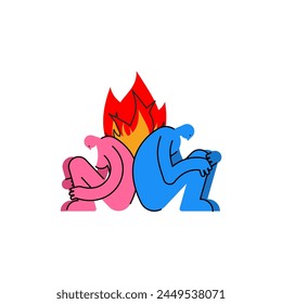 Fire in relationships icon sign. Lovers' quarrel symbol. Two people are sitting with their faces turned away. Pain and disappointment in a partner. The concept of divorce and separation of a couple  