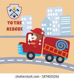 Fire rescue car with funny firefighter, vector cartoon, Cartoon, vector illustration, Creative vector childish background for fabric, textile, nursery wallpaper, card, poster and other decoration