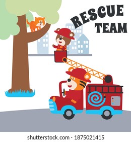 Fire rescue car with funny firefighter, vector cartoon, Cartoon, vector illustration, Creative vector childish background for fabric, textile, nursery wallpaper, card, poster and other decoration