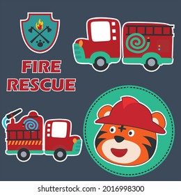 Fire rescue car with funny firefighter, vector cartoon, Cartoon, vector illustration, Creative vector childish background for fabric, textile, nursery wallpaper, card, poster and other decoration
