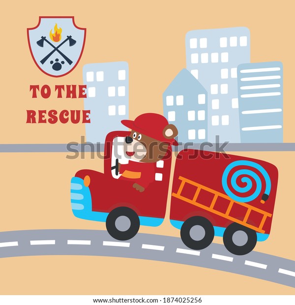 Fire rescue car with funny firefighter, vector\
cartoon, Cartoon, vector illustration, Creative vector childish\
background for fabric, textile, nursery wallpaper, card, poster and\
other decoration
