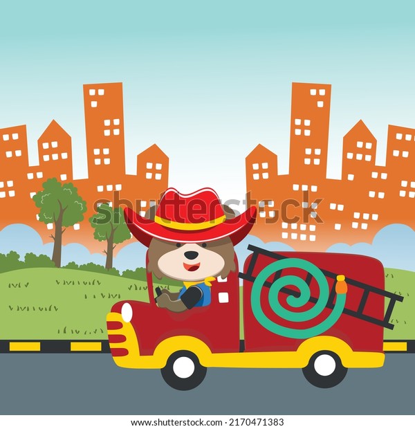 Fire rescue car with funny firefighter, vector
cartoon, Cartoon, vector illustration, Creative vector childish
background for fabric, textile, nursery wallpaper, card, poster and
other decoration