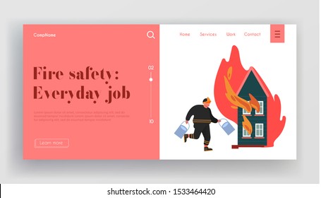 Fire rescue Department Landing Page. Fireman Fighter Team with Equipment Set, Truck, Hydrant, Extinguisher.  Firefighter Profession, Job Website, Web Page. Cartoon Flat Vector Illustration