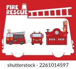 Fire and rescue icon illustration with comic style fire engine and fire station drawing design