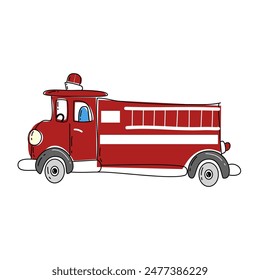 Ilustración del icono del fuego y del rescate con el motor del fuego del estilo cómico en el fondo blanco
