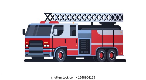 fire rescue red truck firefighting machine emergency service car extinguishing fire concept flat white background full length horizontal vector illustration