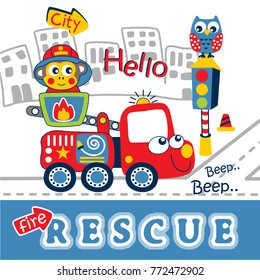 fire rescue team funny cartoon,vector illustration
