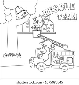 Fire rescue team with funny firefighter, vector cartoon, Cartoon isolated vector illustration, Creative vector Childish design for kids activity colouring book or page.