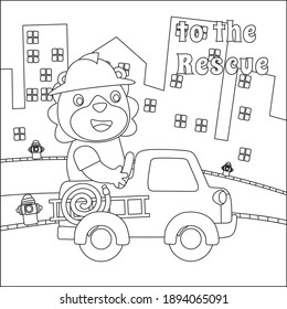 Equipo de rescate contra incendios con bomberos divertidos, dibujos animados vectoriales, ilustración vectorial aislada de dibujos animados, diseño infantil vector creativo para libros o páginas de coloración de actividades infantiles.