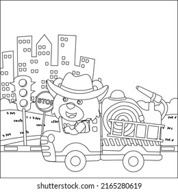 Fire rescue team with funny firefighter, vector cartoon, Cartoon isolated vector illustration, Creative vector Childish design for kids activity colouring book or page.