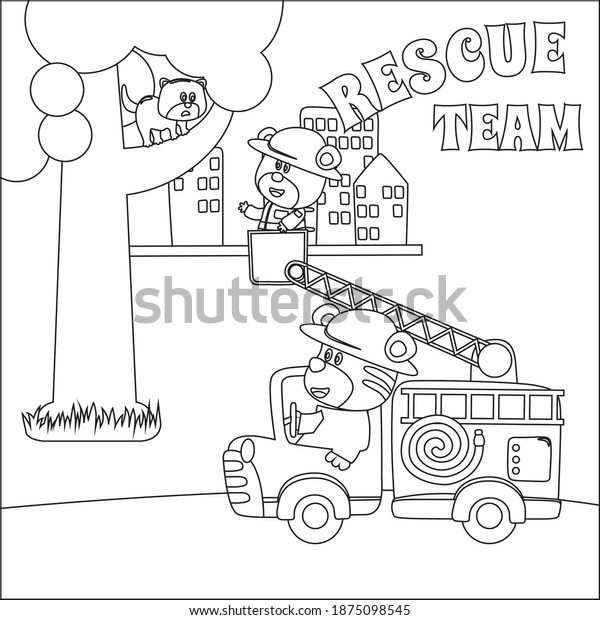 Fire rescue team\
with funny firefighter, vector cartoon, Cartoon isolated vector\
illustration, Creative vector Childish design for kids activity\
colouring book or page.