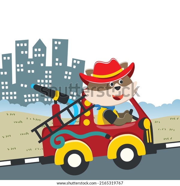 Fire rescue team with funny little fox\
firefighter. Vector cartoon illustration, Creative vector childish\
background for fabric textile, nursery wallpaper, card, poster and\
other decoration