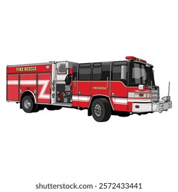 fire rescue truck american model. side view with red, black and white colors