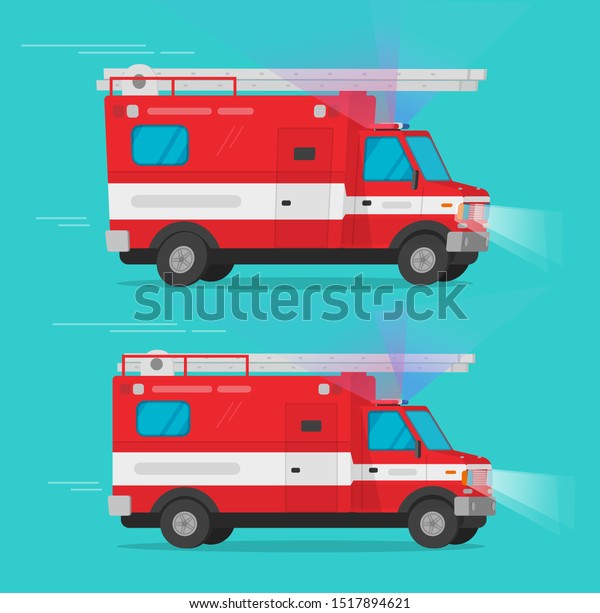 Fire rescue vehicles\
or fire engine truck van vector illustration, flat cartoon\
emergency department car or automobile with siren flasher light\
moving fast isolated\
clipart