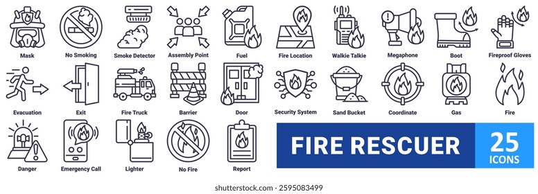 Fire Rescuer icon set. with icon mask, no smoking, smoke detector, assembly point, fuel, fire location, walkie talkie, megaphone, boot, fireproof gloves, evacuation, exit, fire truck, barrier, door