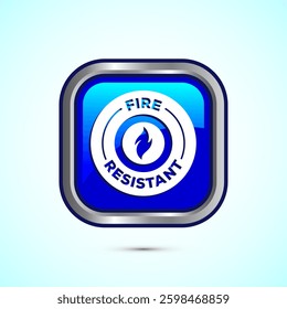 Fire resistant icon design illustration, Fire flame protection sign symbol, Blue color square button design