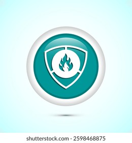 Fire resistant icon design illustration, Fire flame protection sign symbol, Teal color round button design
