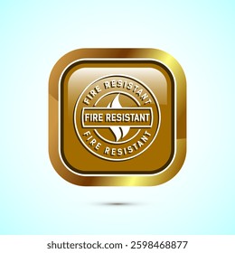 Fire resistant icon design illustration, Fire flame protection sign symbol, Gold color square button design