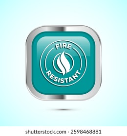 Fire resistant icon design illustration, Fire flame protection sign symbol, Teal color square button design