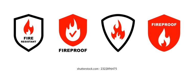 Fire resistant icon set. Fireproof icon. Fire protection icon with shield. Fire resistant material sign. Vector illustration.