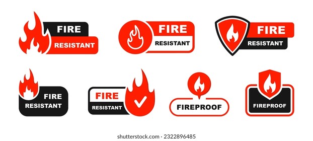 Fire resistant icon set. Fireproof icon. Fire protection icon with shield. Fire resistant material sign. Vector illustration.