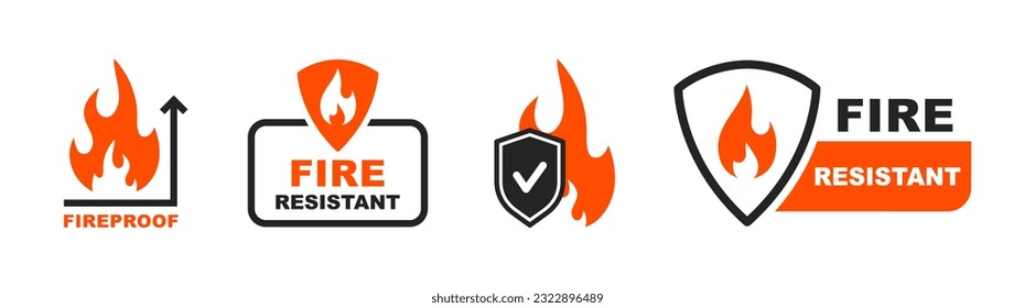 Fire resistant icon set. Fireproof icon. Fire protection icon with shield. Fire resistant material sign. Vector illustration.