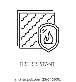 Fire resistant icon, wall thermal insulation. House construction thermal isolation system symbol, building wall flame protection and fire save insulation outline vector sign or monochrome pictogram