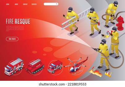 Fire Resque Landing Page, modern concept poster, isometric icons on isolated background