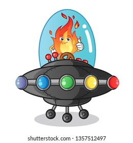 fire riding ufo mascot vector cartoon illustration