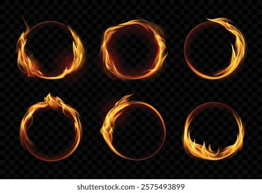 Fire ring. Burning round frames with hot flame. 3d realistic Circle borders in fire with sparkles, flaming circus hoop. Vector burned circular banner isolated set.