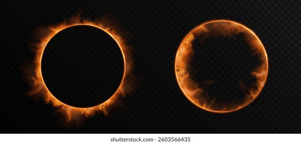 Fire ring, flaming circle, fire glow effect on black background. Vector