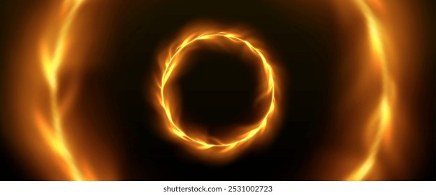 Moldura do anel de fogo. Efeito de chama em círculo. Brilho circular mágico e queimadura flare no fundo preto. Realista ouro fogo brilho. Movimento do volante de fogo de artifício Projeto de banner circo quente com vórtice quente