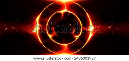 Fire ring frame or magic portal on black background. Realistic vector illustration of red and orange fiery circle with flame. Hot ignite flare round border with neon light effect and sparks.