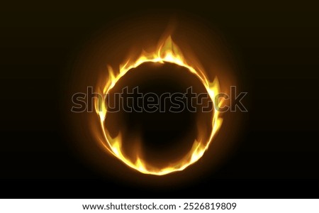 Fire ring with glowing tongues of flame on black background. Realistic 3d vector illustration of round burnt frame with light and sparks effect. Magic bright yellow hot fiery border with blaze.