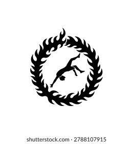 Fire ring with leaping acrobat and circular flames, stunt icon