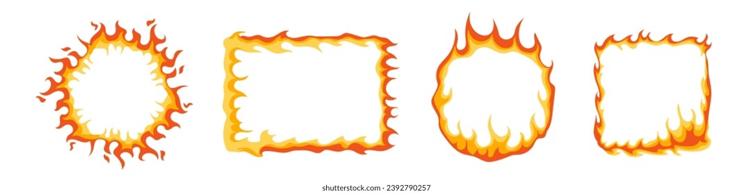 Marco vectorial del anillo de fuego. Borde del círculo de llama. Marco fotográfico de incendios forestales llamativos